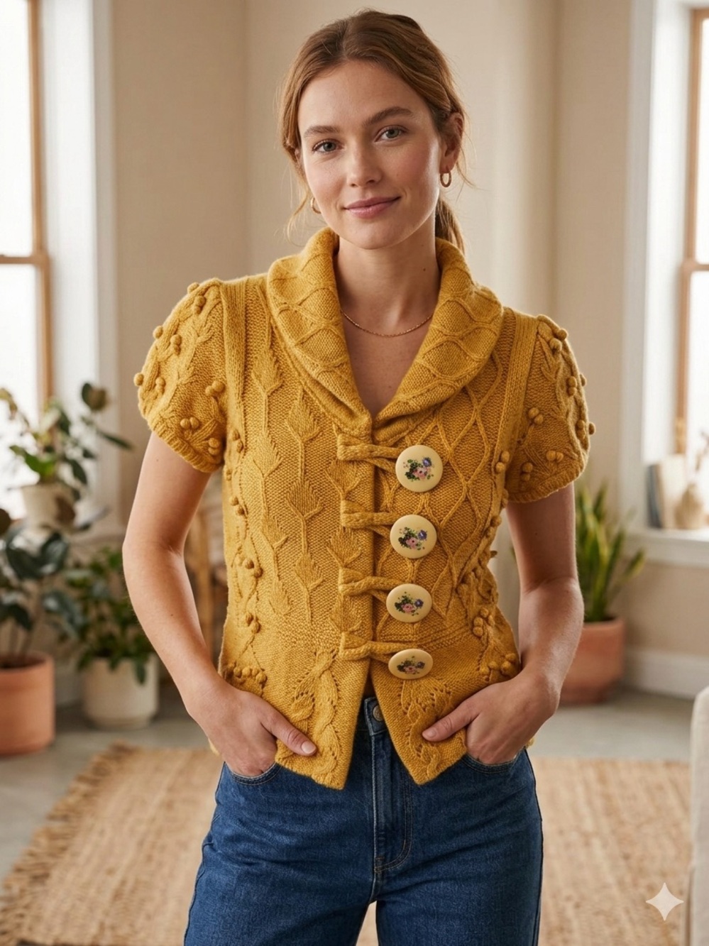Anthropologie Leifsdottir Yellow Sylvan Scene Cable Knit Big Button Cardigan